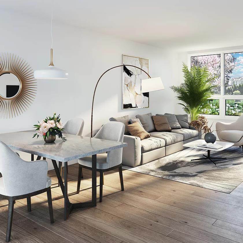 Rendering of Artesia townhouse living room space on Vancouver's West Side