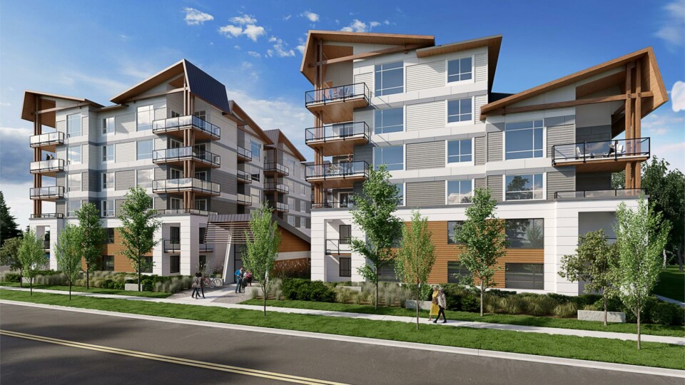 Front view of new condo building in delta bc called Delta Gardens