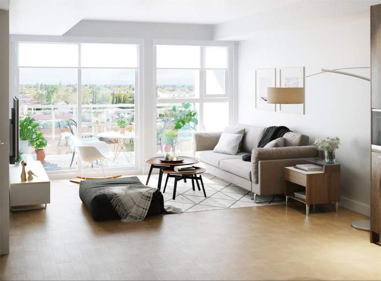 Rendering of living room for new condos on Main&20th Vancouver East