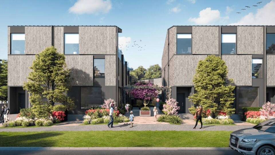Rendering of front view of Rhodo townhomes in Victoria