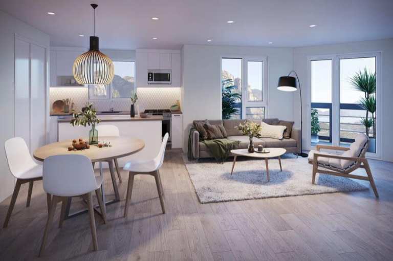 Rendering of living space at Lizzy Bay Homes Squamish