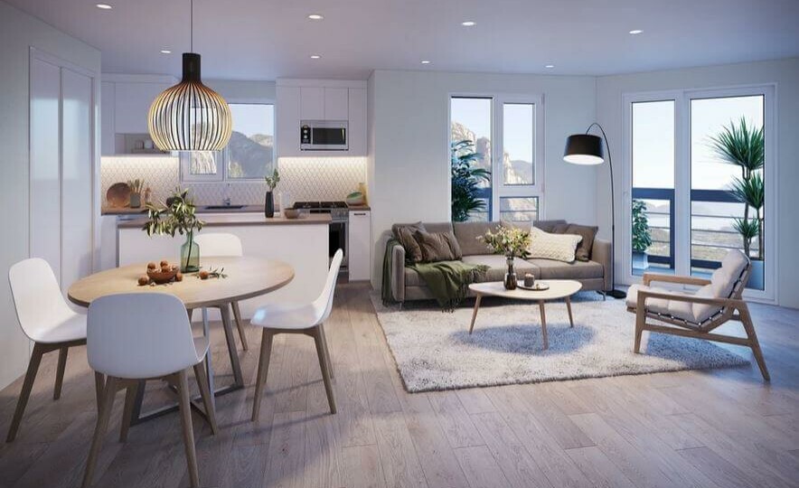 Rendering of living space at Lizzy Bay Homes Squamish