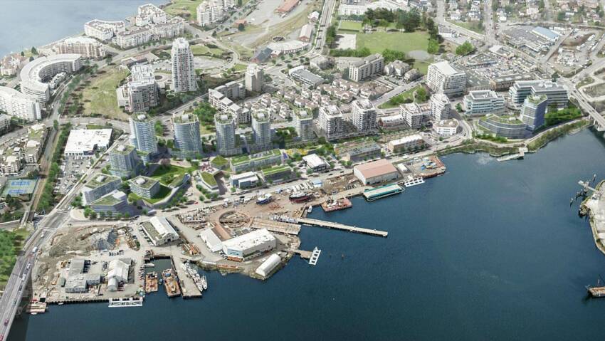 Rendering of Dockside Green Victoria 15-acre development aerial view