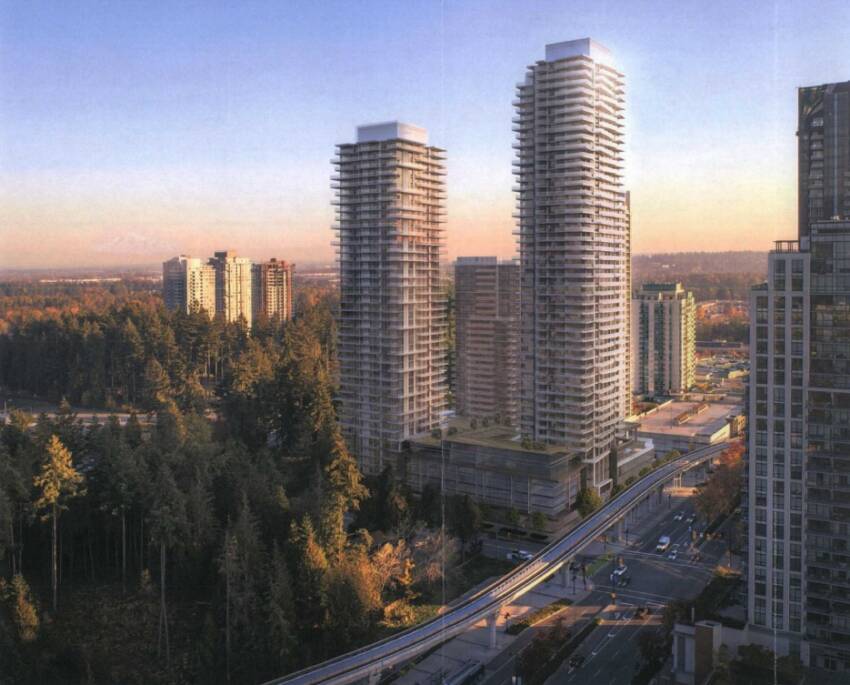 Rendering of Pine & Glen Coquitlam Towers. Pine and Glen Onni in Coquitlam is expected to complete in 2028