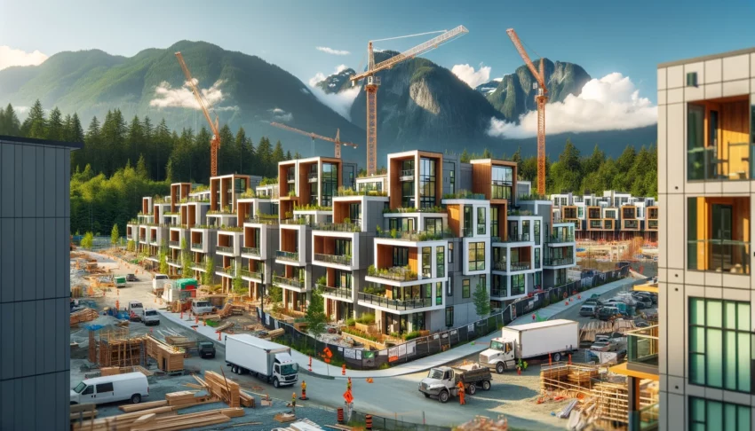 An image of new Squamish townhomes under construction with a mountain view in the background - Vancouver New Condos